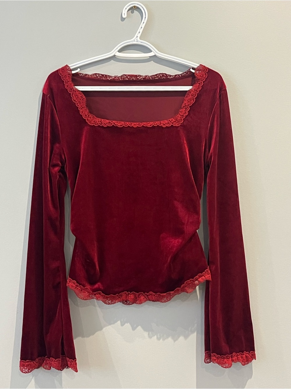 Red Velvet Lace Trim Long Sleeve Top